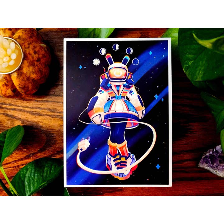 Impression d'art de lapin astronaute - Explorateur spatial propulsé pour la vente par Madd Arts