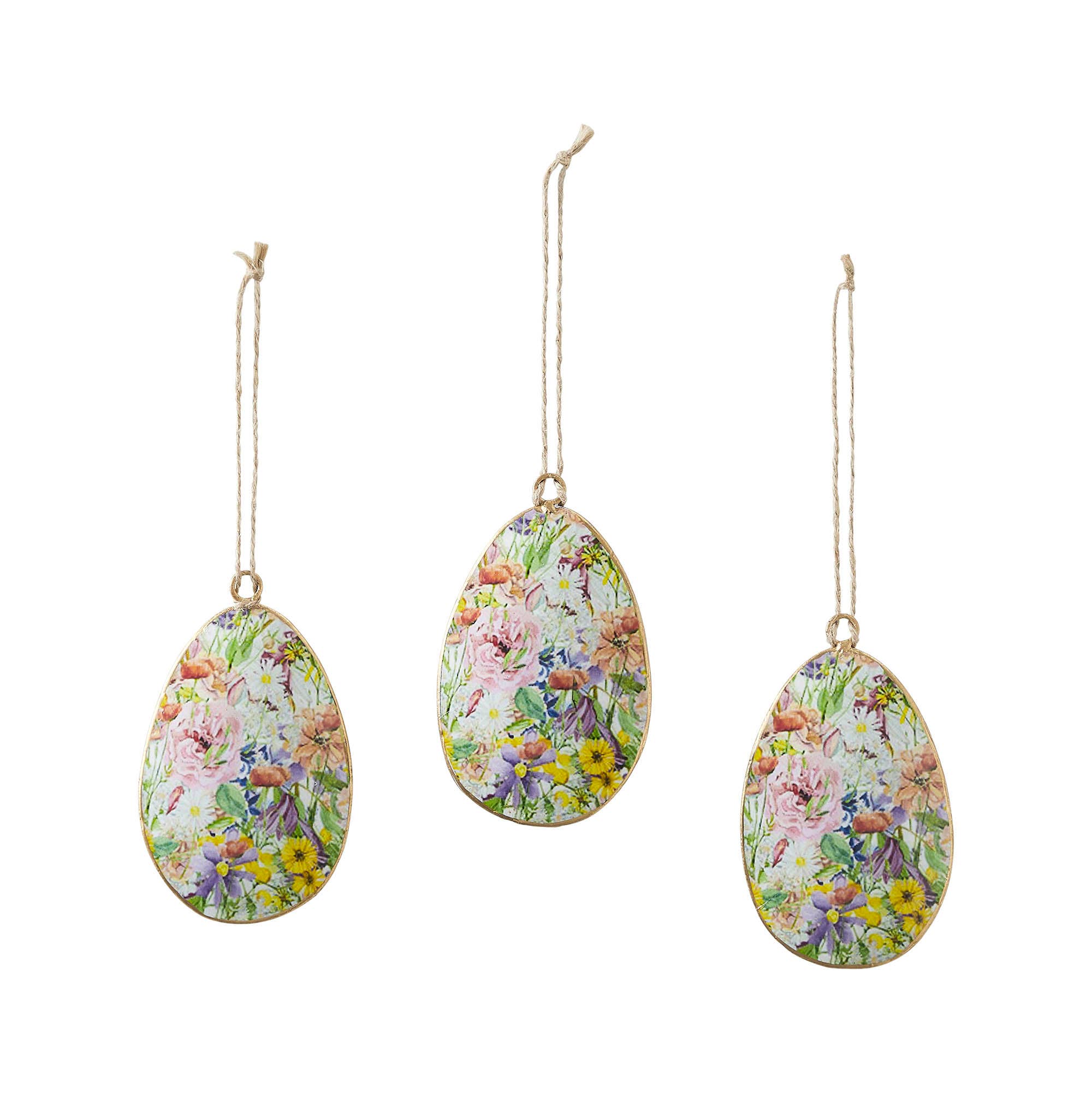 VHC Brands - Wholesale Ornament - Spring In Bloom Metal Floral Egg Ornament Set of 3 4x2.51