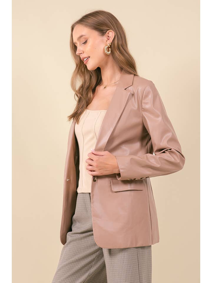 LATTE Notched Collar Faux Leather Boyfriend Blazer - 10597J for wholesale on Faire2