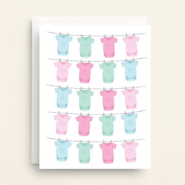 Gender Neutral Baby Shower Card - Onesie Clothesline for wholesale by Nicole Marie Paperie