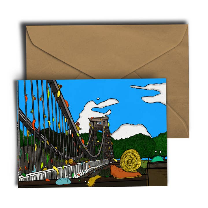 Tarjeta de felicitación de babosas y caracoles contra puente colgante de Clifton para venta al por mayor de Dixon Does Doodles