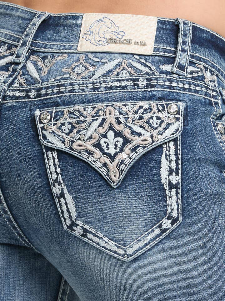 Aztec Yoke Embroidery Mid-Rise Boot Cut 34" | EB-62032 for wholesale by Grace in LA