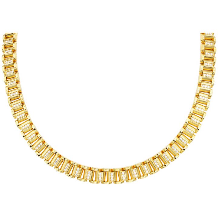 Men's Gold Stainless Steel Link Necklace With Cubic Zirconia for wholesale by Blackjack Mens Jewelry