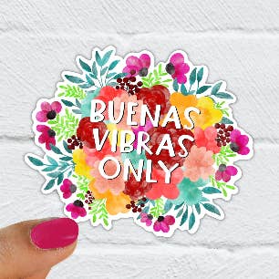 Autocollant en vinyle imperméable Buenas Vibras Only pour la vente par Quirky Latina Co