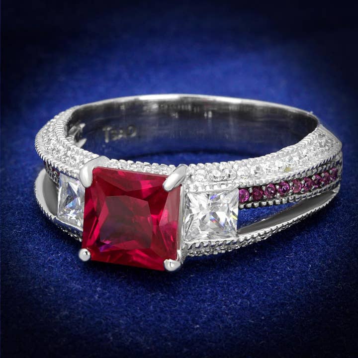 TS545 - Rhodium + Ruthenium 925 Sterling Silver Ring with AAA Grade CZ in Ruby for wholesale by Alamode