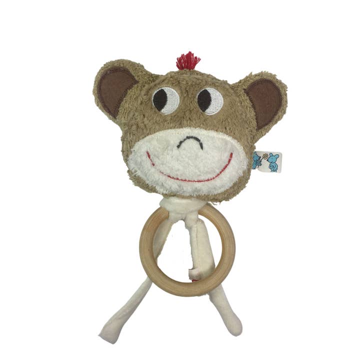 Organic eco children's mini rattle “monkey” with natural wood teething ring for wholesale by Pat & Patty
