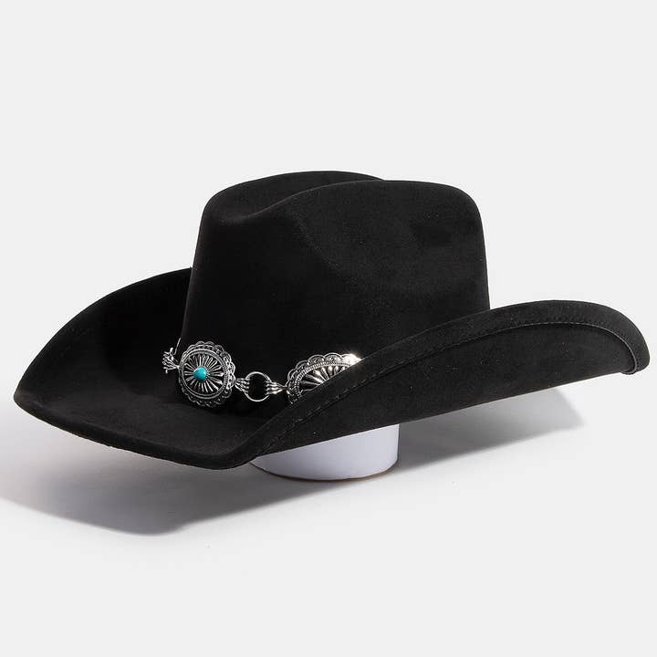 Collections by Fame Accessories - Venta al por mayor Sombrero cowboy - Mujer - Sombrero vaquero occidental con cinturón de tachuelas turquesa y concho