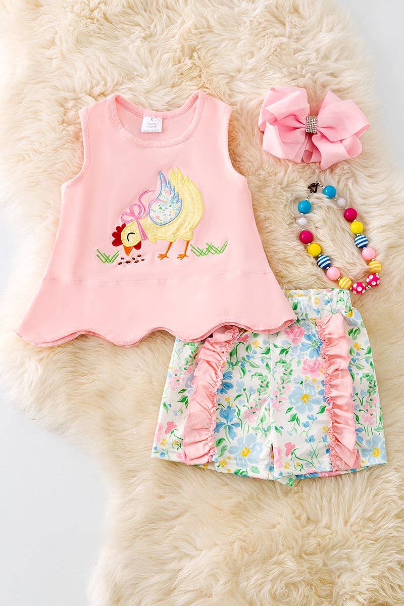 Kids Charm Online - Wholesale Top & Short Set - Kids - Chicken applique scalloped hem top and floral ruffle shorts. OFG50357 AMY0