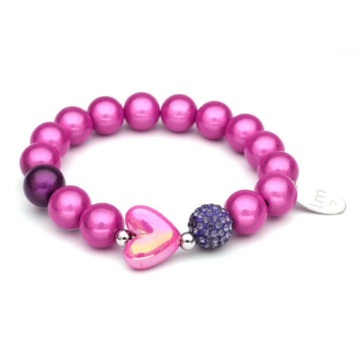 LOT83 - Wholesale Beaded Bracelet - LM bracelet Galaxy Pearl-FUCHSIA-Darkpurple+heart-12mm