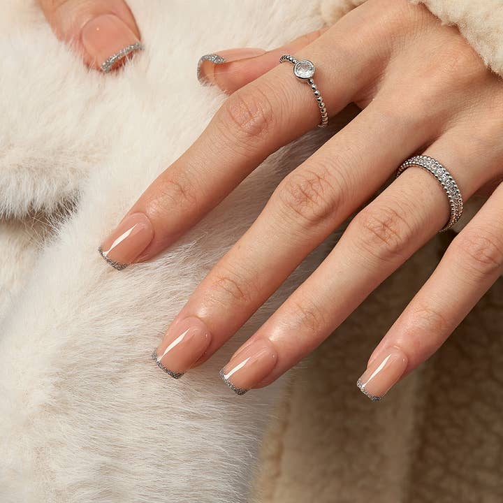 Silver Spakly French Tip Fake Nails - Short Square Press On for wholesale by BTArtboxnails