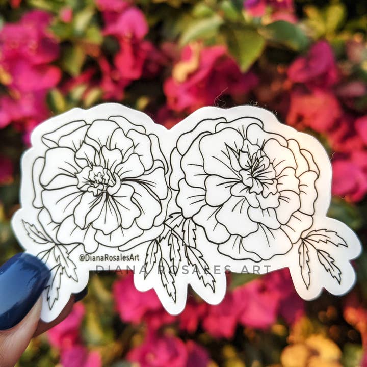 Zwart-witte goudsbloem Sticker | Cempasúchil Flowers voor wholesale door Diana Rosales Art