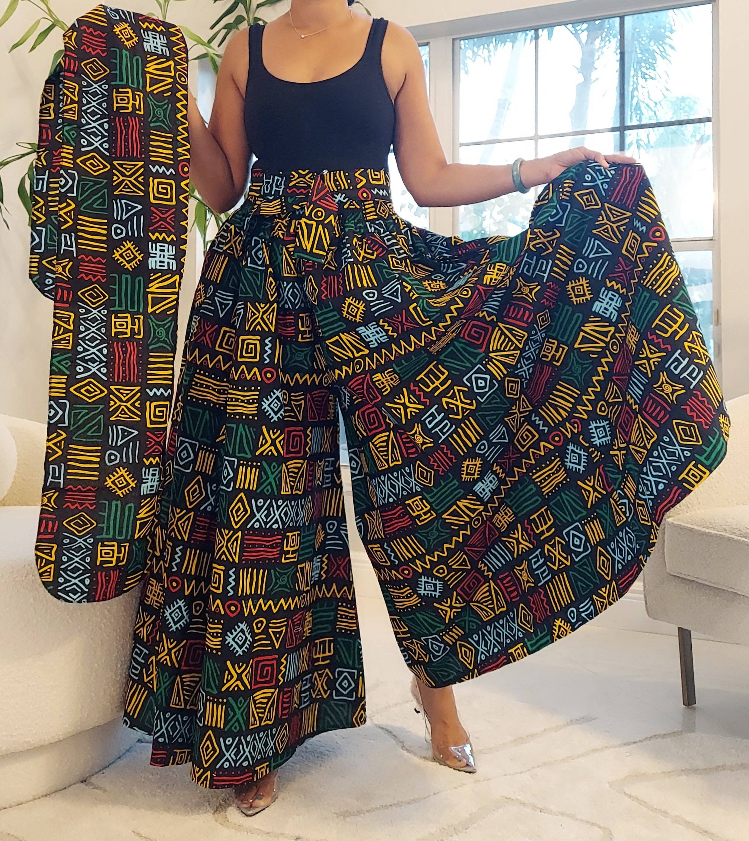 India Batik - Vente Ensemble haut et pantalon (PAS d'intérieur) - Femme - Pantalon Palazzo et chemisier cache-cœur - Noir/Rasta14