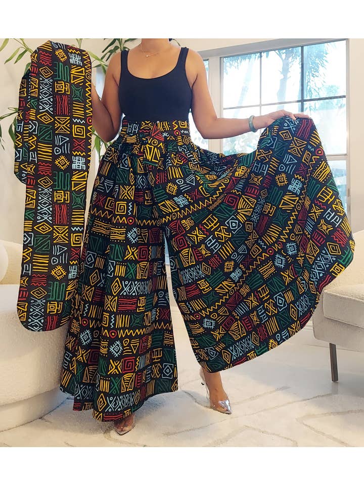 India Batik - Vente Ensemble haut et pantalon (PAS d'intérieur) - Femme - Pantalon Palazzo et chemisier cache-cœur - Noir/Rasta14