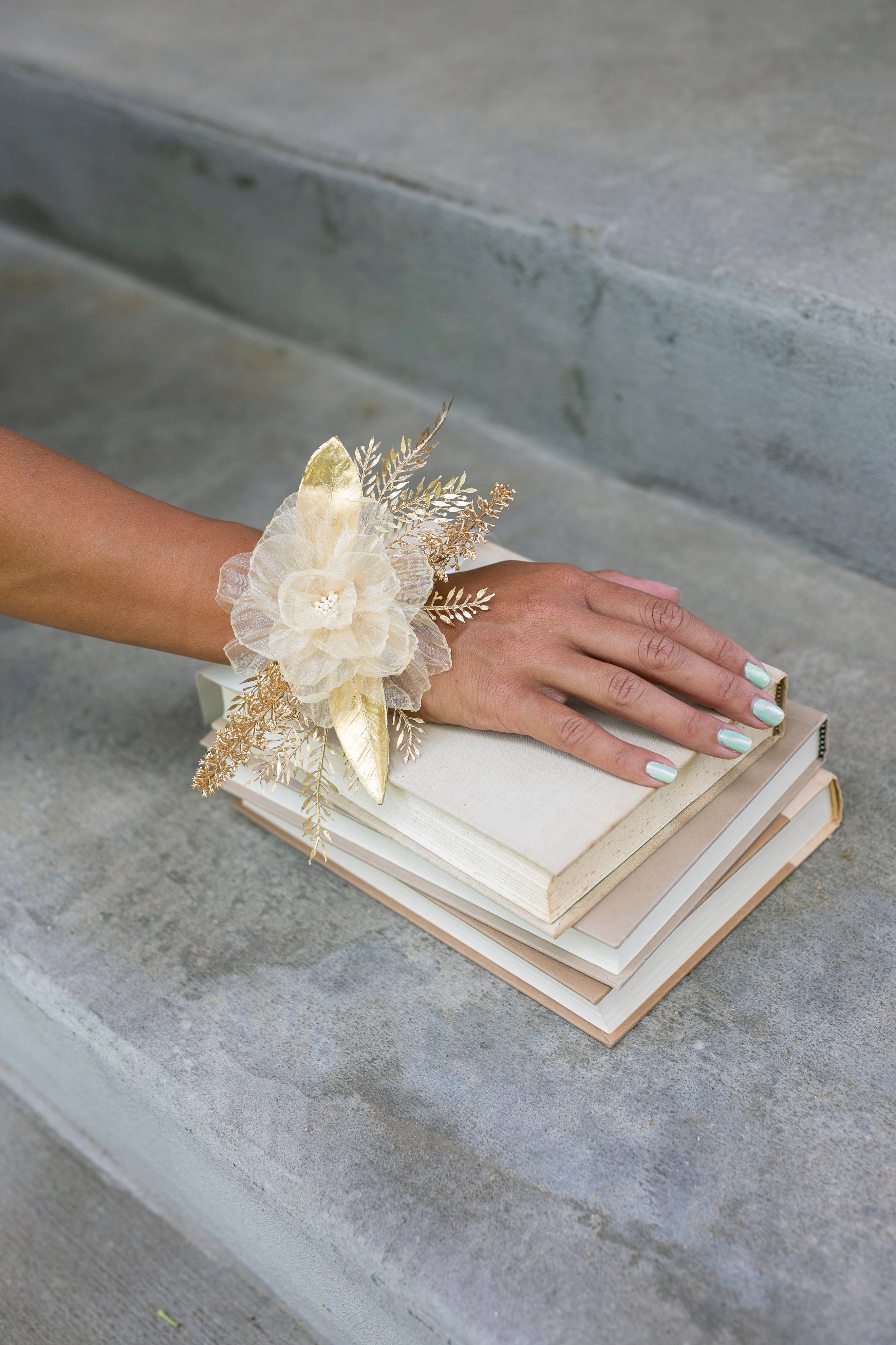 Indy Supply Co – wholesale Artificial flowers – Artificial Floral Corsage | Golden Floral Wedding Wristlet6