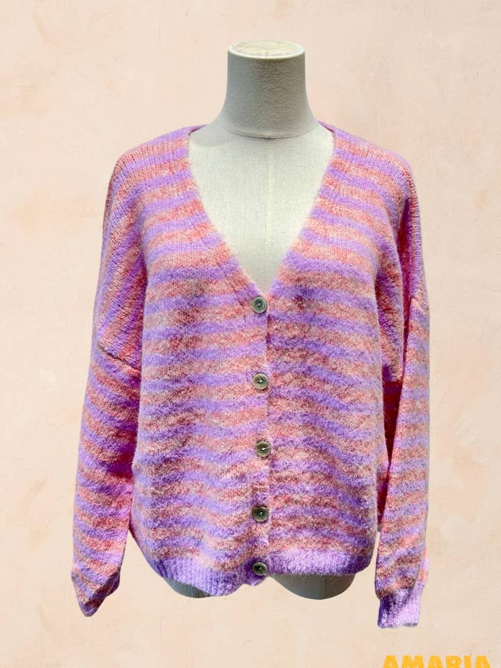 AMARIA - Wholesale Cardigan - Women's - Oversized striped cardigan in soft knit - WOOL - 510625