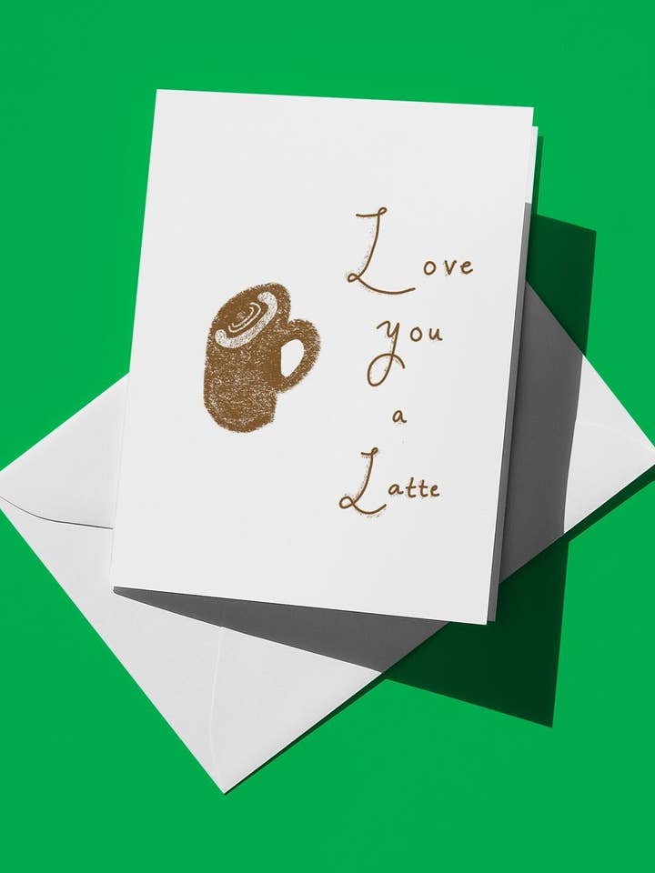 Valentine's Day Greeting Card - "Love You a Latte" Coffee Design - Hand-drawn Blank Inside A2 Size for wholesale by semiserious studio