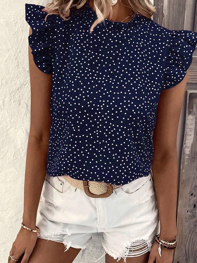 Camicetta estiva con maniche arricciate a pois per la vendita all'ingrosso da parte di Comely Fashion