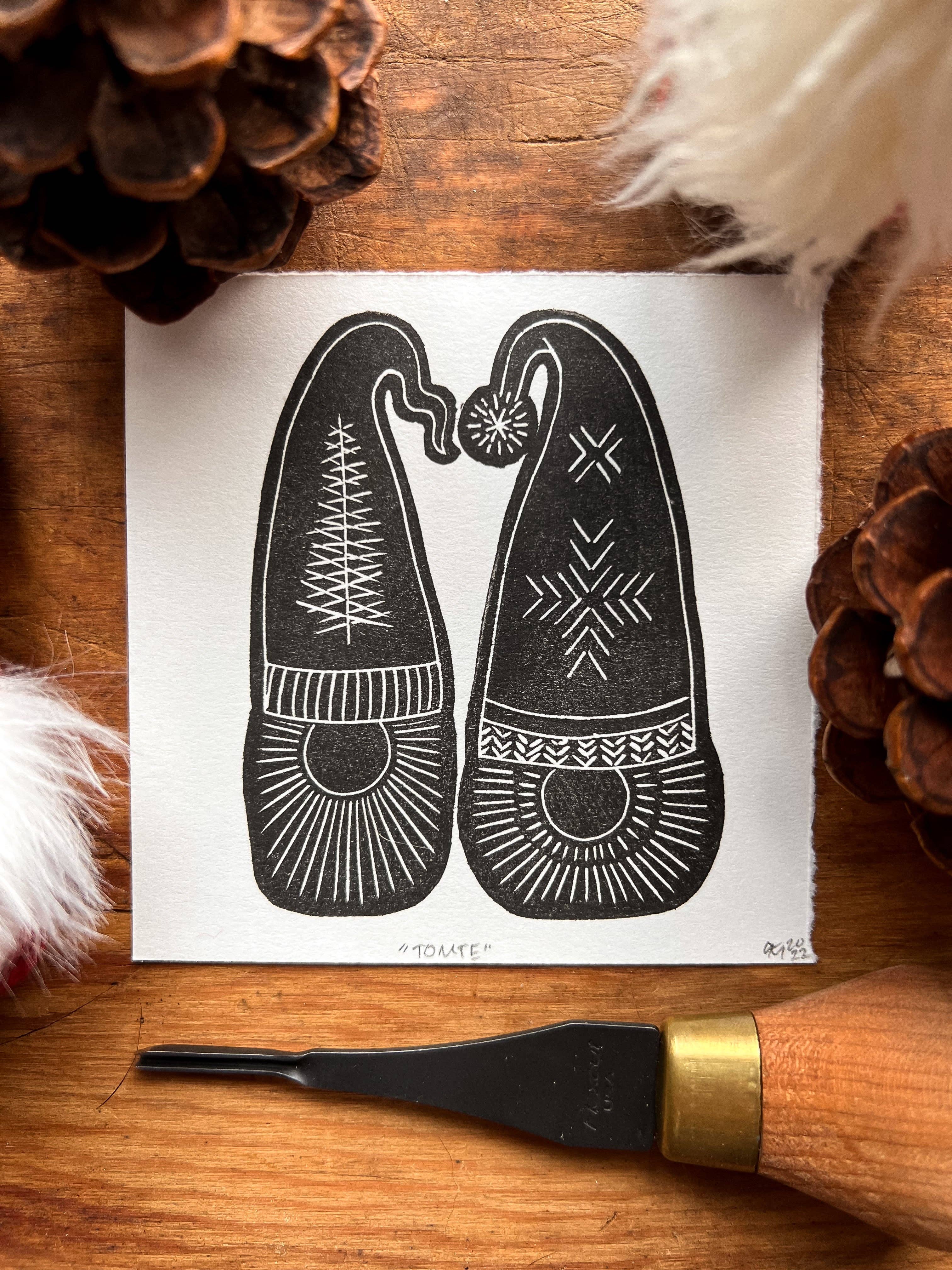 Amy Teawalt Studio - Wholesale Christmas Wall Art - “Tomte” Studio Sampler Linocut Print 4x4" | Hand Printed Black and White Block Print3