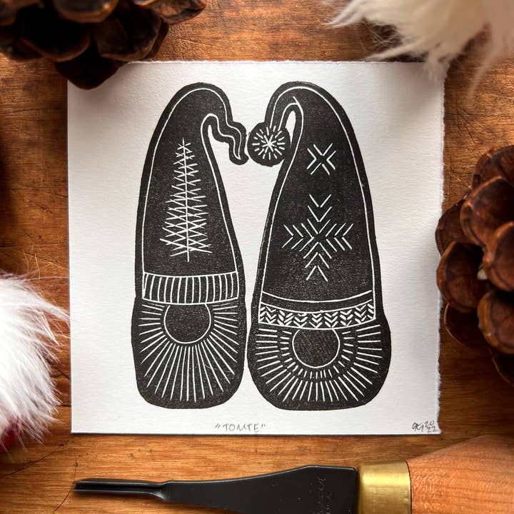 Amy Teawalt Studio - Wholesale Christmas Wall Art - “Tomte” Studio Sampler Linocut Print 4x4" | Hand Printed Black and White Block Print3