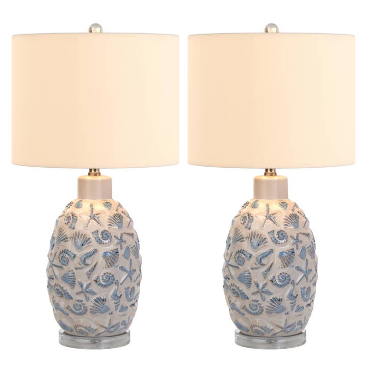 White Blue Ceramic Sea Shell Table Lamps, 3-Way Switch (2-Pack) for wholesale on Faire