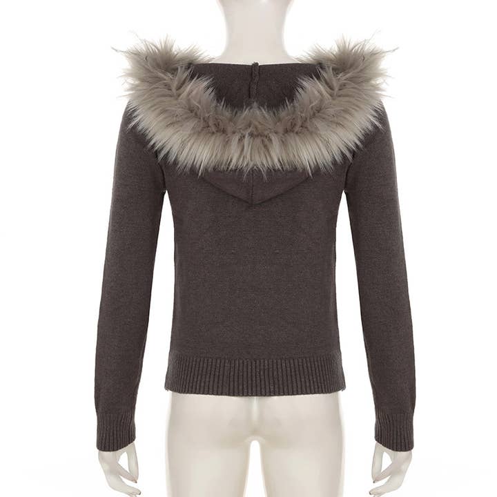 BROWN VINTAGE TWIST ZIPPER FUR HOODED CARDIGAN COAT for wholesale on Faire