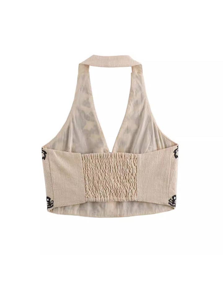 BEIGE Floral Print Halter Top and Mini Skirt Set for wholesale on Faire