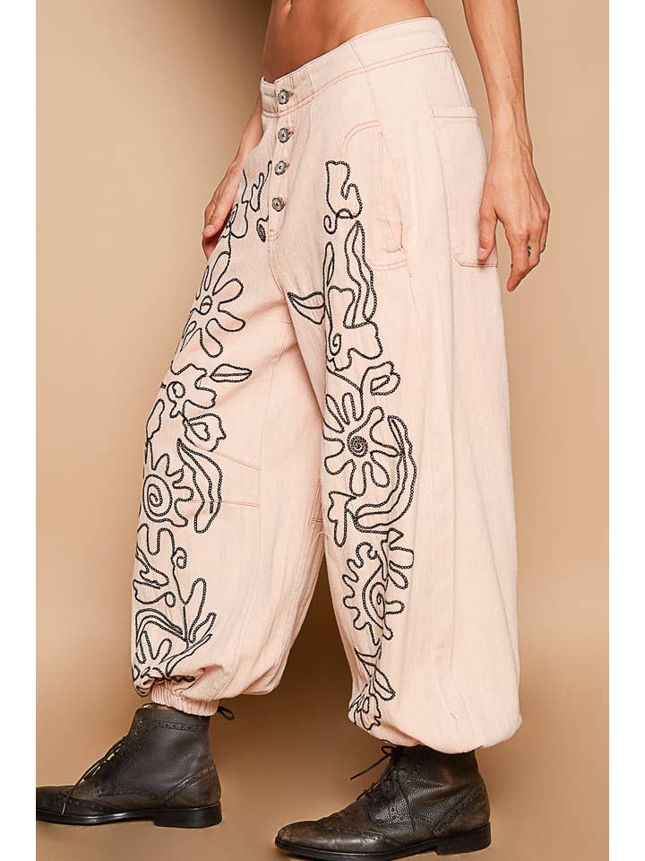 Pol Clothing - Wholesale Pants - Women's - Floral embroidered pattern solid twill pants