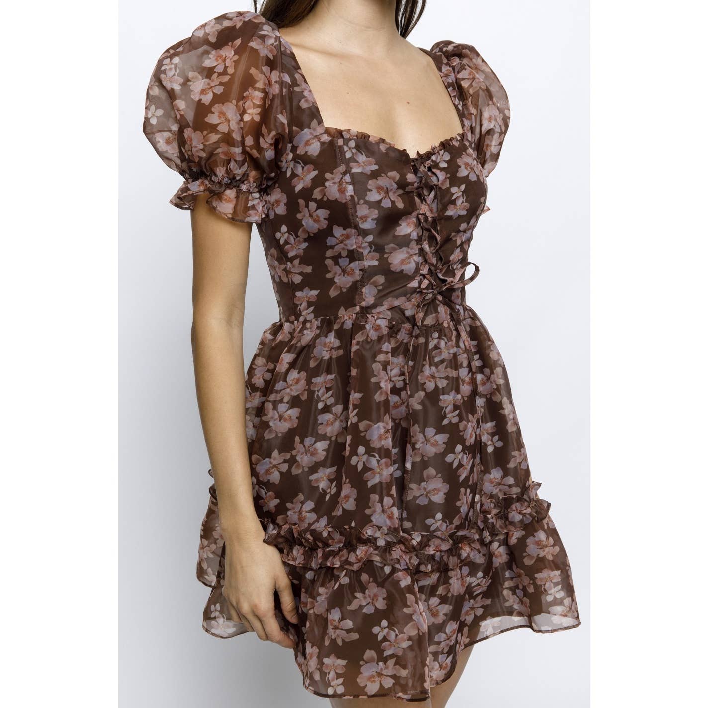MARRON FLORAL JD6693-1- MINI-ROBE FLORALE À LIGNES  en vente sur Faire6