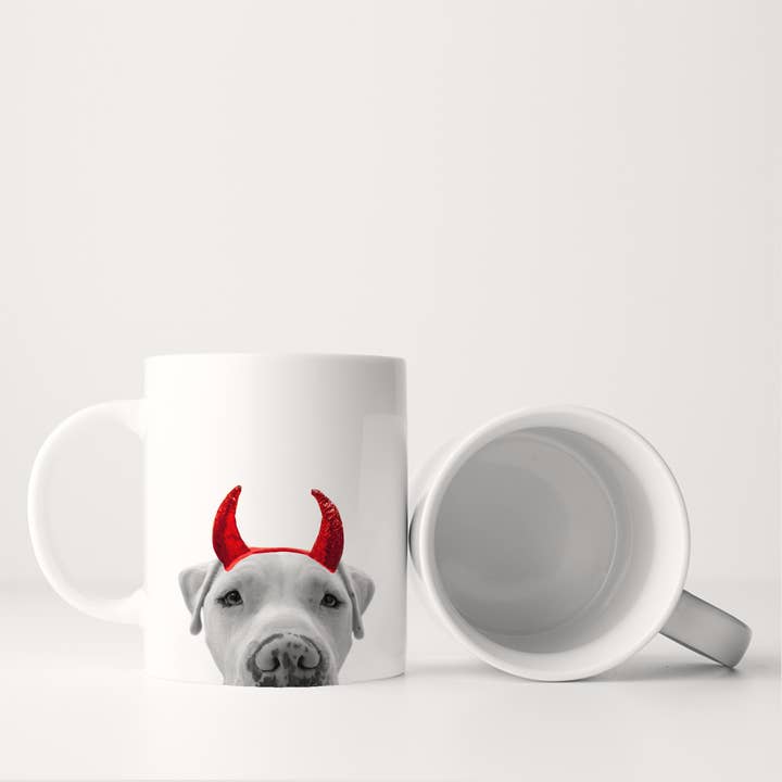 American Bulldog Peeking 'Lil Devil' Halloween Mug for wholesale by Perkie Prints