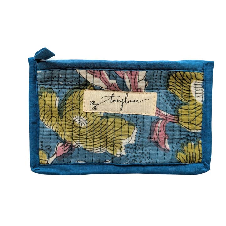 Blue & Green Floral Block Print Quilted Small Pouch Purse for wholesale by Twinflower