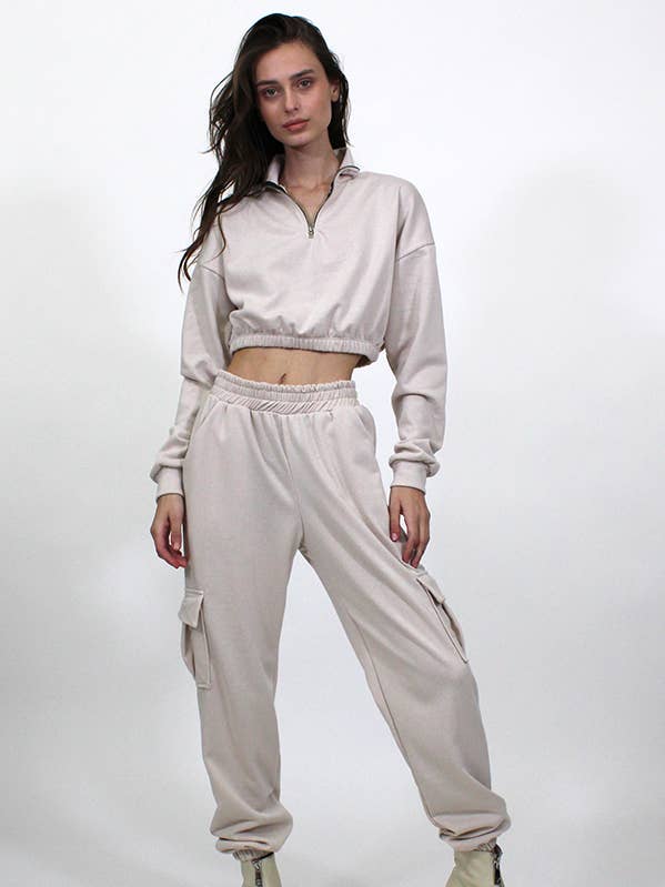 FRENCH TERRY CROP TOP MET RITSSLUITING EN JOGGERSET MXST062 voor wholesale door Junie