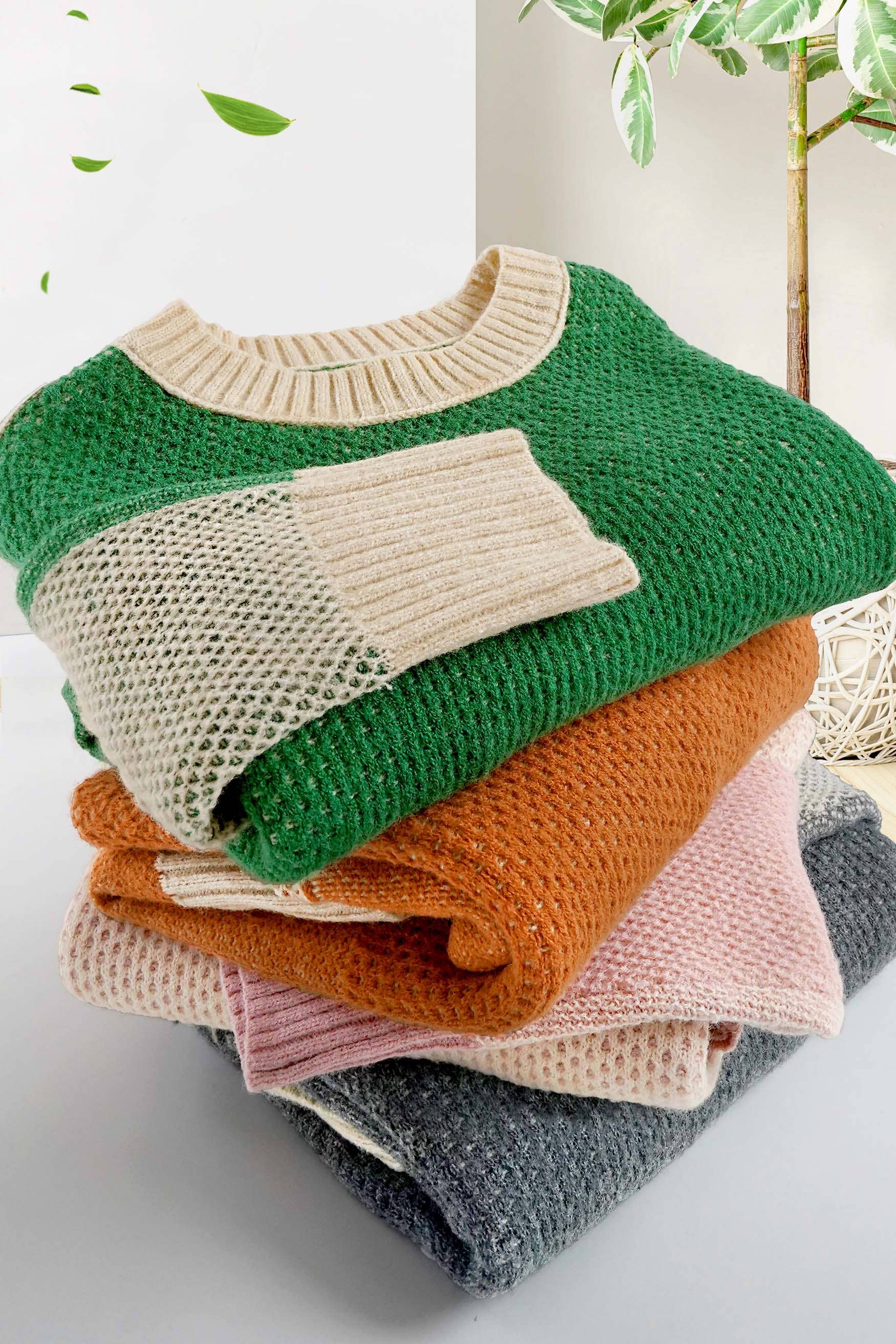 La Miel - Wholesale Knit Sweater - Women's - MCS3556-Loose Fit Color Block Textured Round Neck Sweater 35