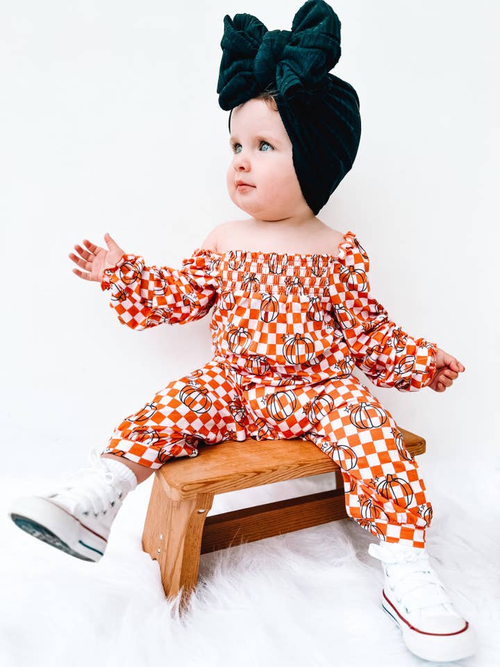 PUMPKIN CHECKS DREAM SMOCKED JUMPSUIT for wholesale by Dream Big Little Co.