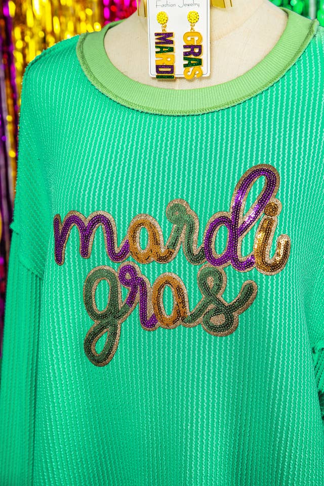 fashionworks - Vente T-shirt sérigraphié – femme - Haut graphique à lettres en sequins vert mardi gras avec texture de côtes torsadées2