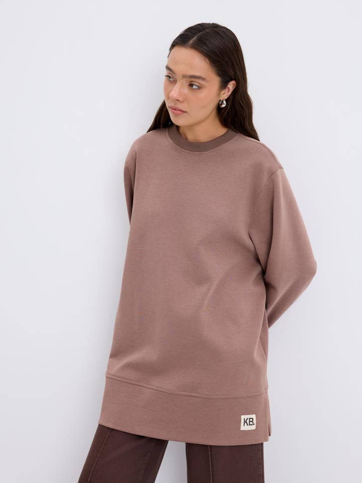 Sweatshirt com Abertura Lateral Oversized Castanho Acinzentado por atacado de Kadriye Baştürk