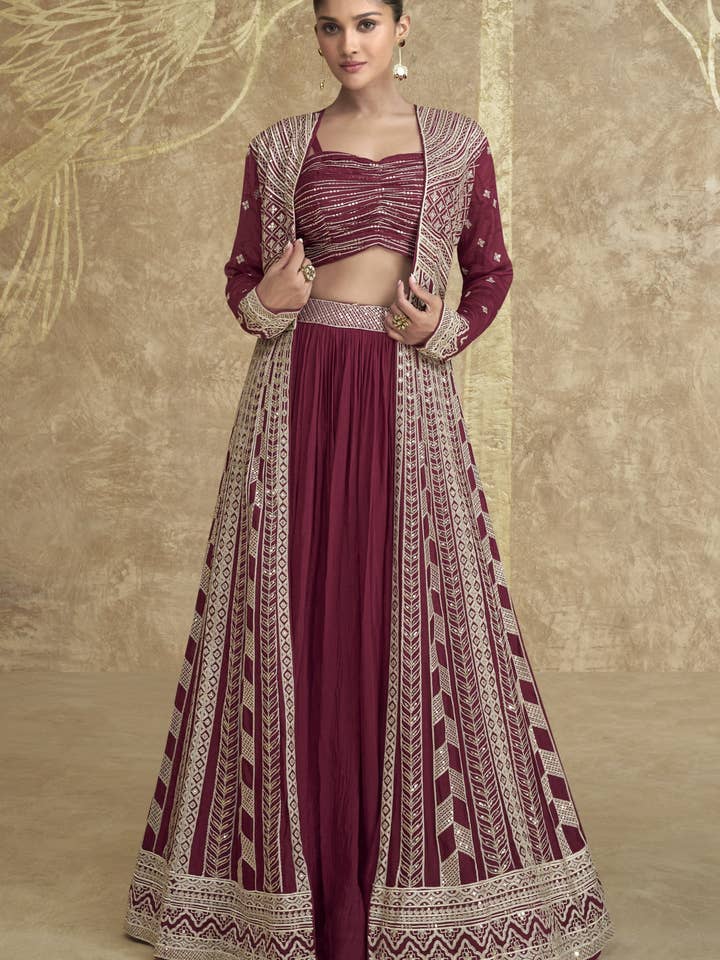 Lehenga Choli de Seda Chinon Castanho com Koti para Festivais Indianos e Vestido de Casamentos Paquistaneses - Trabalho de Bordado por atacado de HATKE BRIDE
