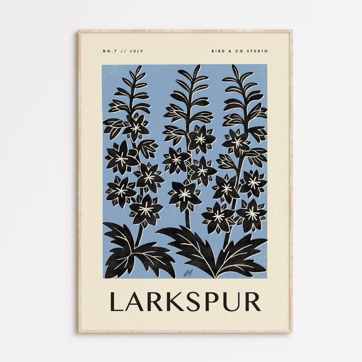 July Larkspur | Botanical Birth Flower Art Print for wholesale by Bird & Co Studio