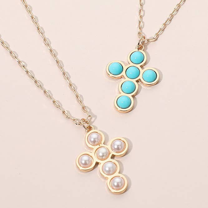 Round Pearl Accent Cross Pendant Necklace for wholesale by Sensibling Corp.