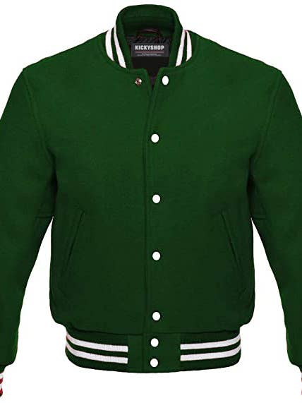 Melton Uni-Jacke aus Wolle, Letterman-Jacke, Waldgrün für den Großhandel von Kicky Imports LLC