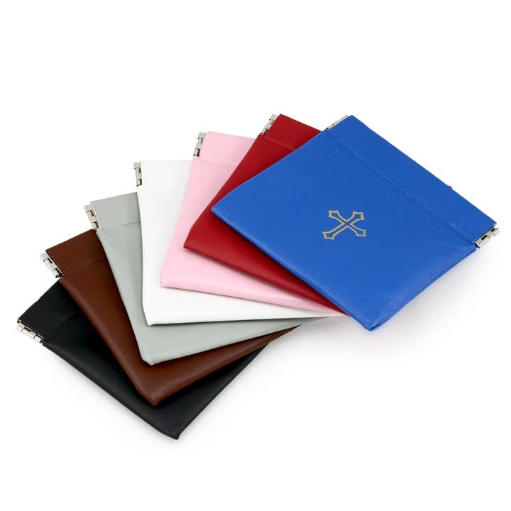 RM Trading - Wholesale Pouch - Women's - Pink Vinyl Rosary Pouch Squeeze Top Gold Cross Imprint