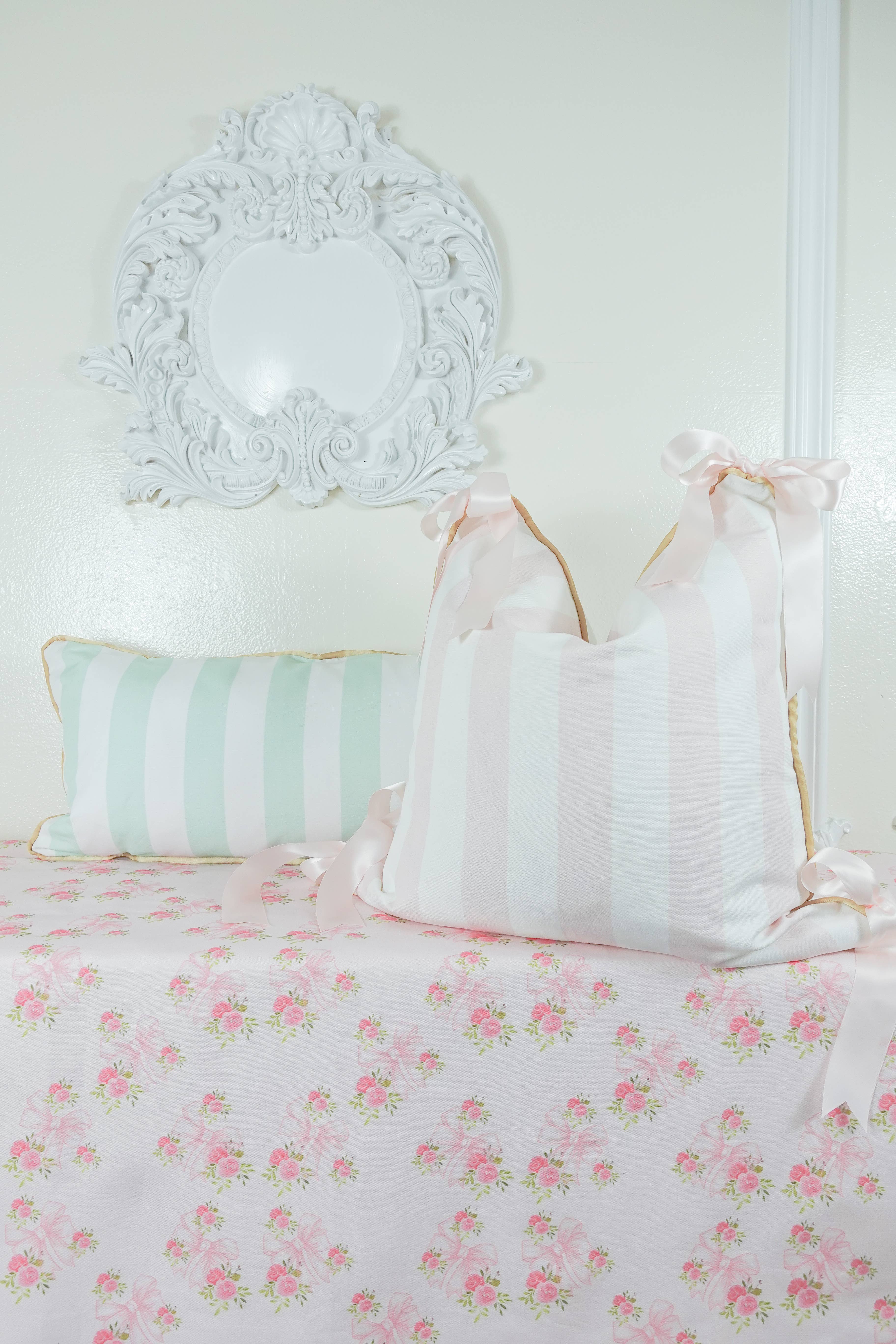 West Cottage Interiors - Wholesale Throw Pillow Cover - Abella, Pink and White Stripe With Bows Pillow Cover3