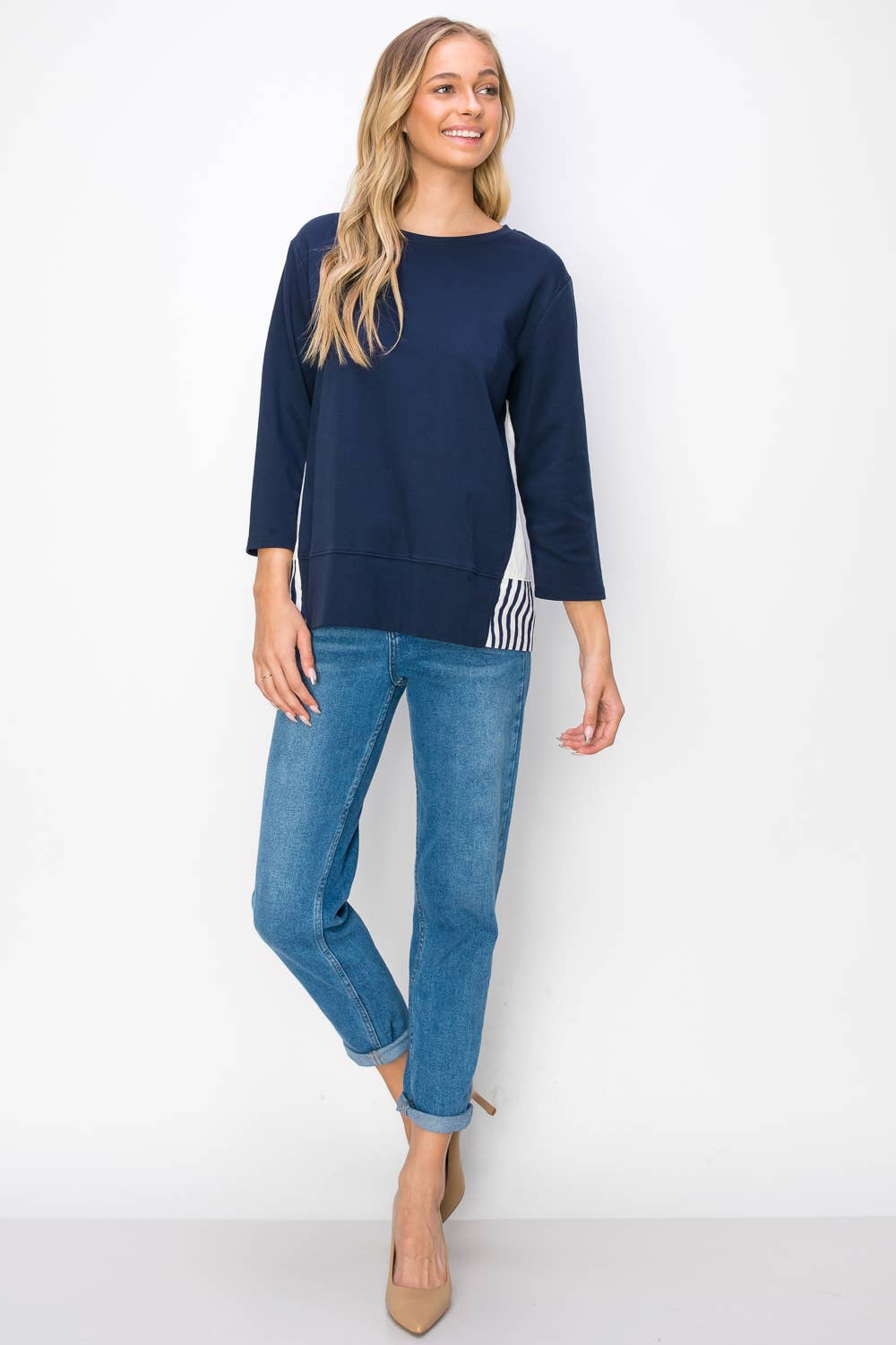 Navy Regina Spitzenstrick mit Streifen aus Baumwollpopeline für den Großhandel auf Faire8