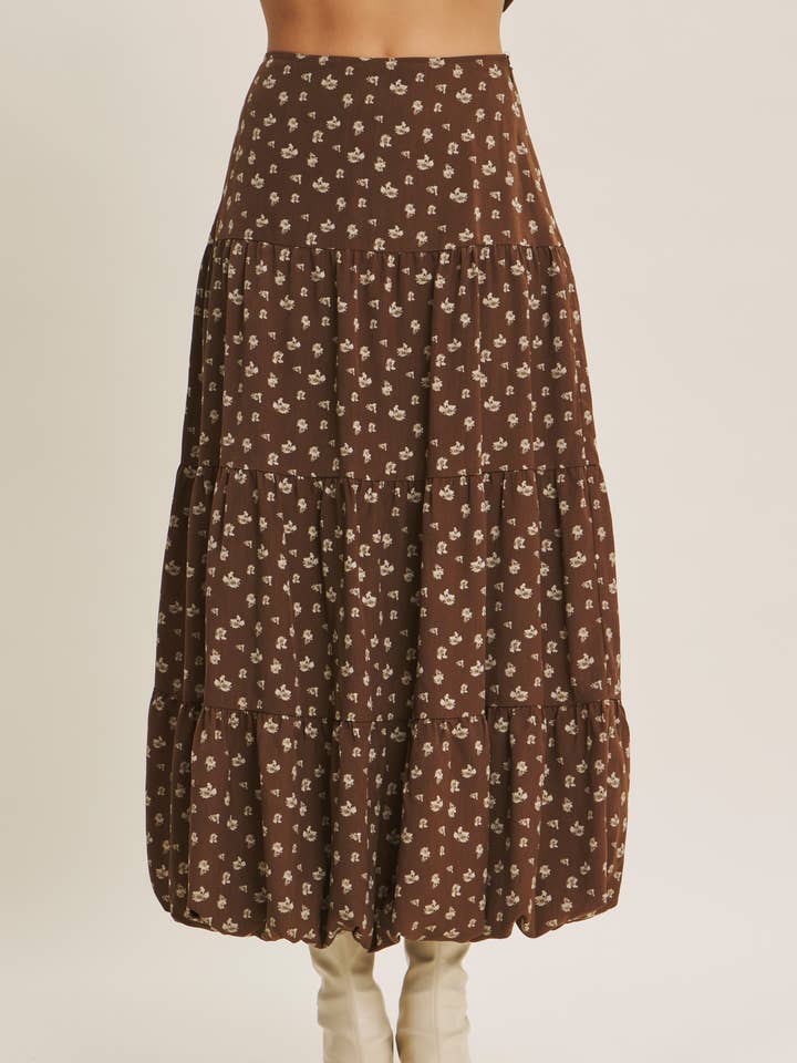 SPEAKS IN WHISPERS FLORAL TIERED BUBBLE MIDI SKIRT for wholesale by in february