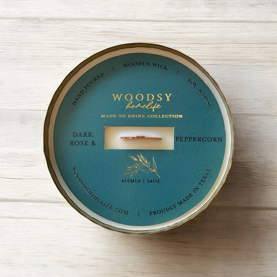 Woodsy Homelife - Wholesale Jar/Filled Candle - Dark Rose & Peppercorn - Solid Brass 14oz Pure Soy Candle4