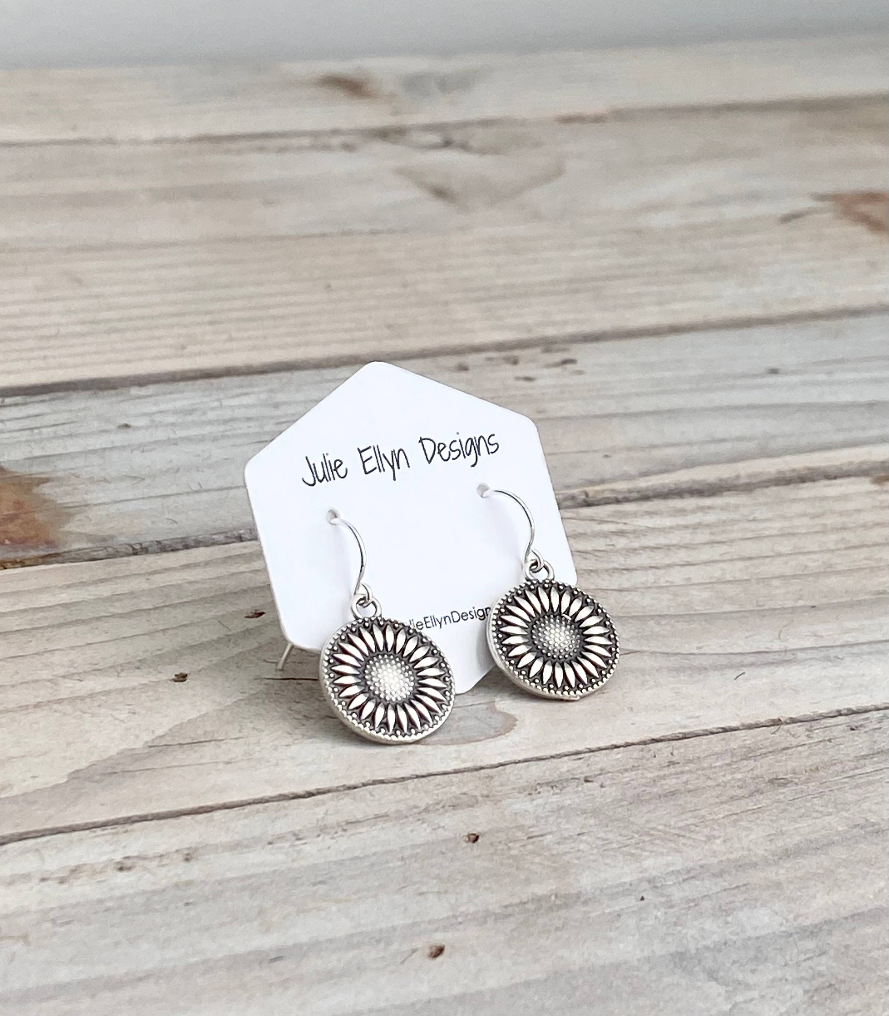 Julie Ellyn Designs - Wholesale Dangle Earrings - Silver Round Sunflower Earrings6