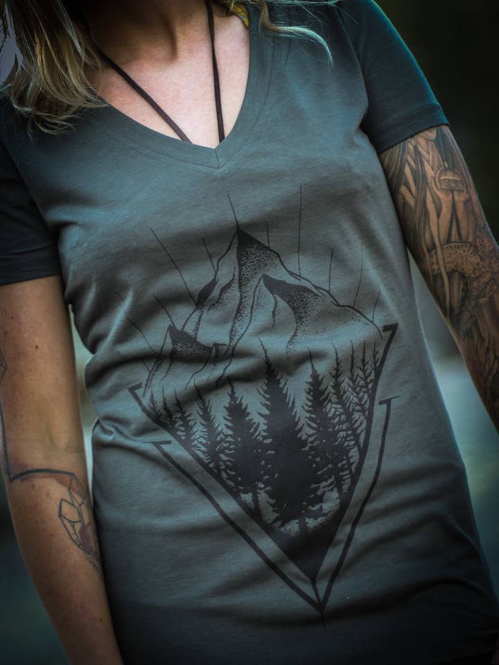 Geo-Mount Hemp V-Neck Nature Top for Ladies with Pine Tree for wholesale by Sacred State Design