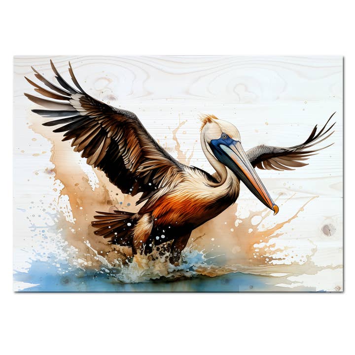 Pelican Wood Plank Art- 5x7 Inches- Flying Pelican for wholesale by Map Mom