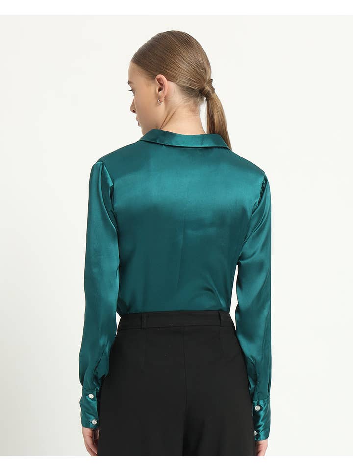 Thevasa - Wholesale Overhemd met knopen - Dames - Satijneffect Formeel Diepblauwgroen Overhemd4