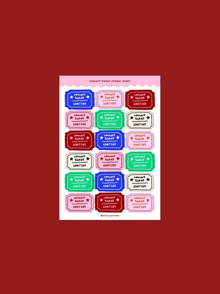 Dark Concert Ticket Sticker Sheet for wholesale by Tillie Rose Studio