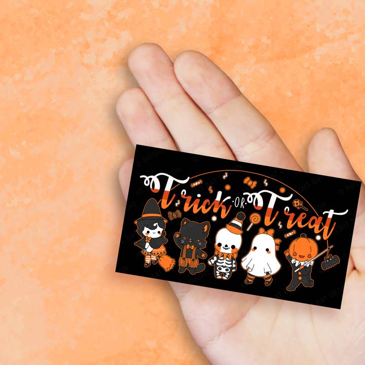 Vintage Halloween Trick or Treat Vinyl Sticker for wholesale by Bright Bat Design